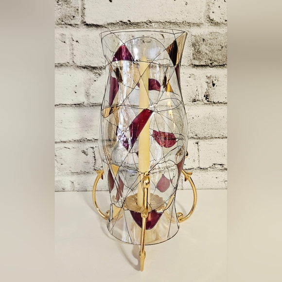 PartyLite Gold Hurricane Candle Holder & Art Glass Shade Abstract Swirl - Picture 8 of 13